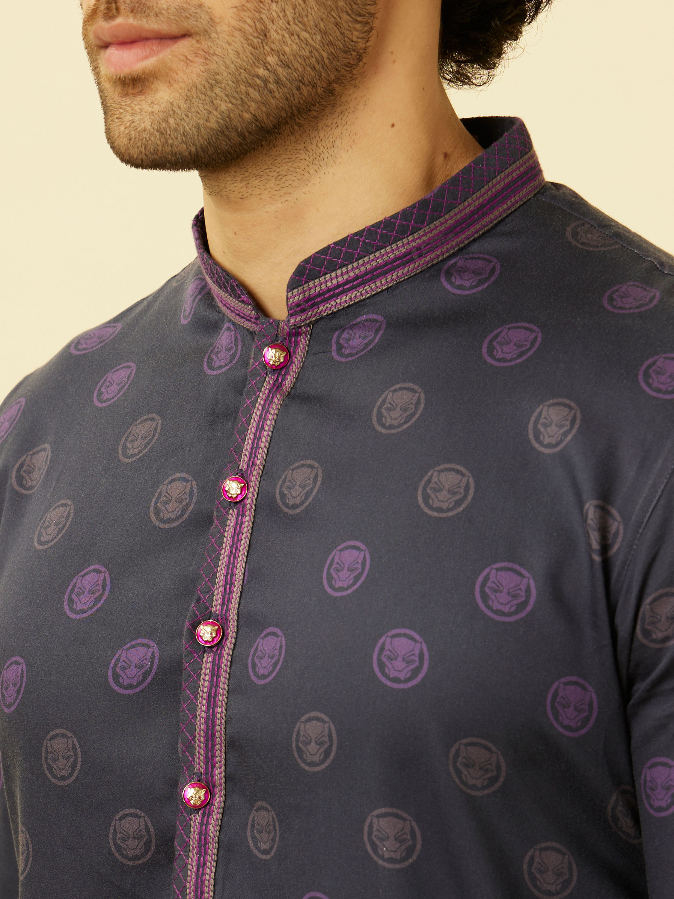 Manyavar Men Violet Black Panther Kurta Set