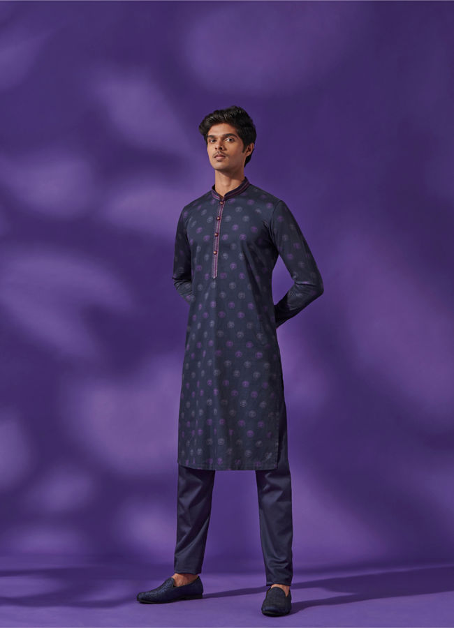 Manyavar Men Violet Black Panther Kurta Set