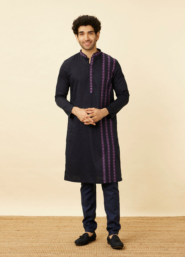 Manyavar Men Deep Blue Collared Black Panther Kurta Set