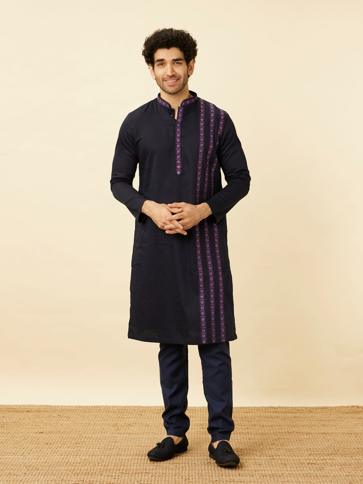 Manyavar Men Deep Blue Collared Black Panther Kurta Set