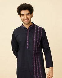 Manyavar Men Deep Blue Collared Black Panther Kurta Set