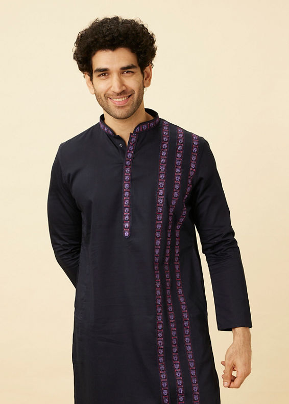 Manyavar Men Deep Blue Collared Black Panther Kurta Set