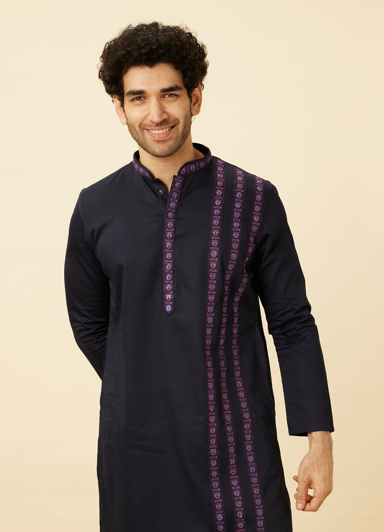 Manyavar Men Deep Blue Collared Black Panther Kurta Set