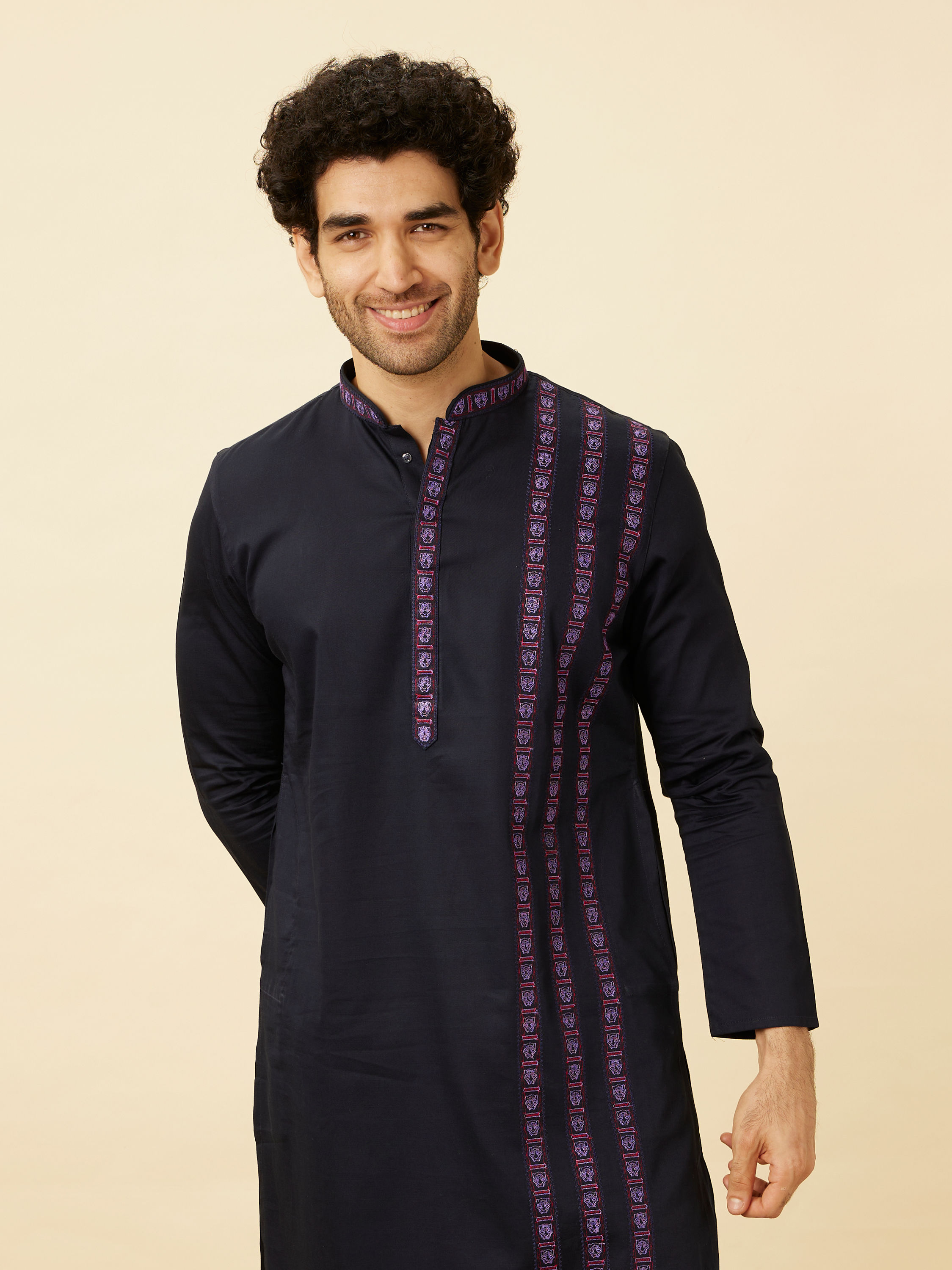 Manyavar Men Deep Blue Collared Black Panther Kurta Set