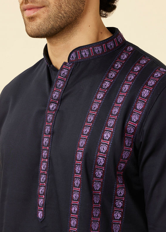 Manyavar Men Deep Blue Collared Black Panther Kurta Set