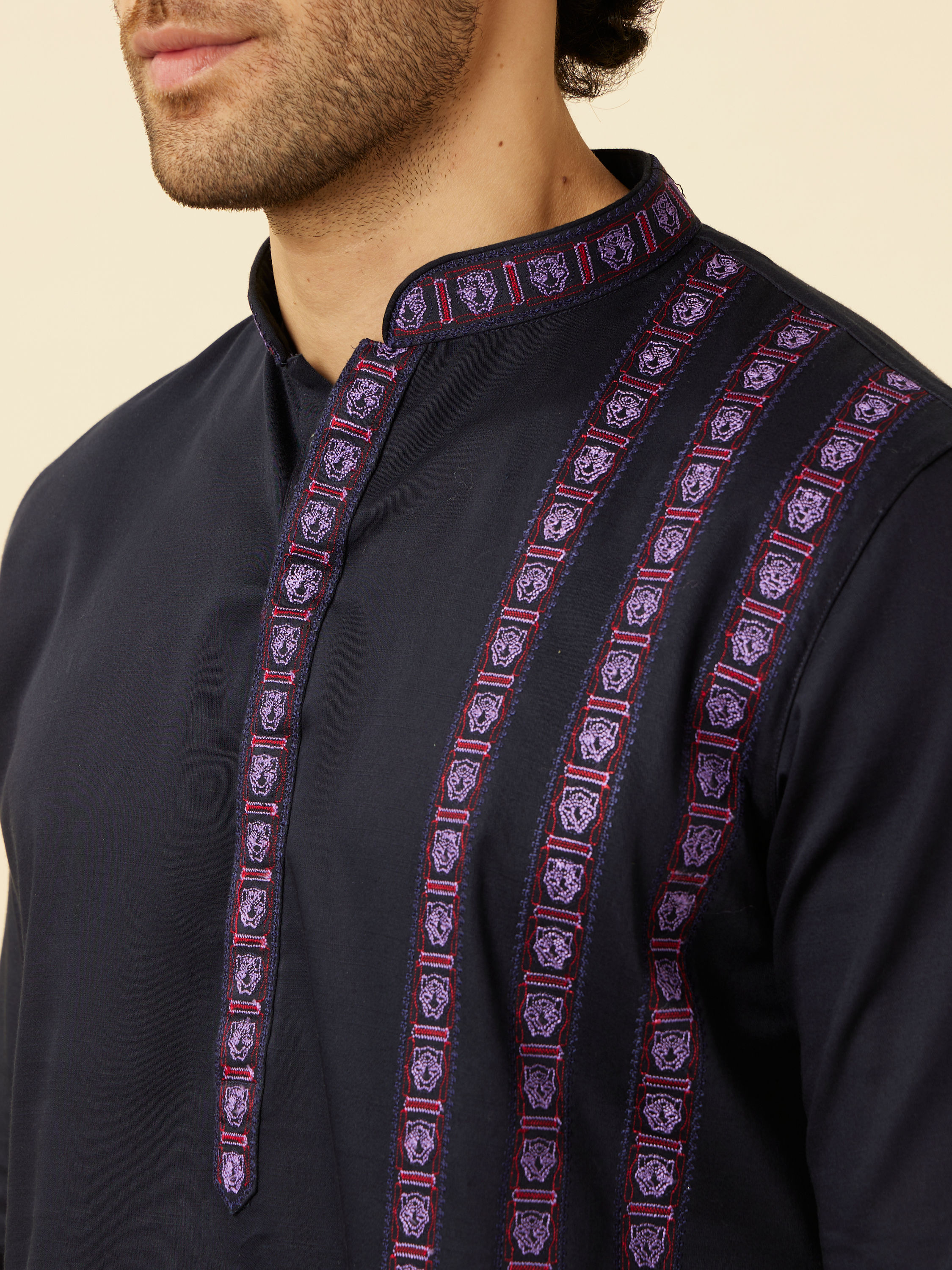 Manyavar Men Deep Blue Collared Black Panther Kurta Set