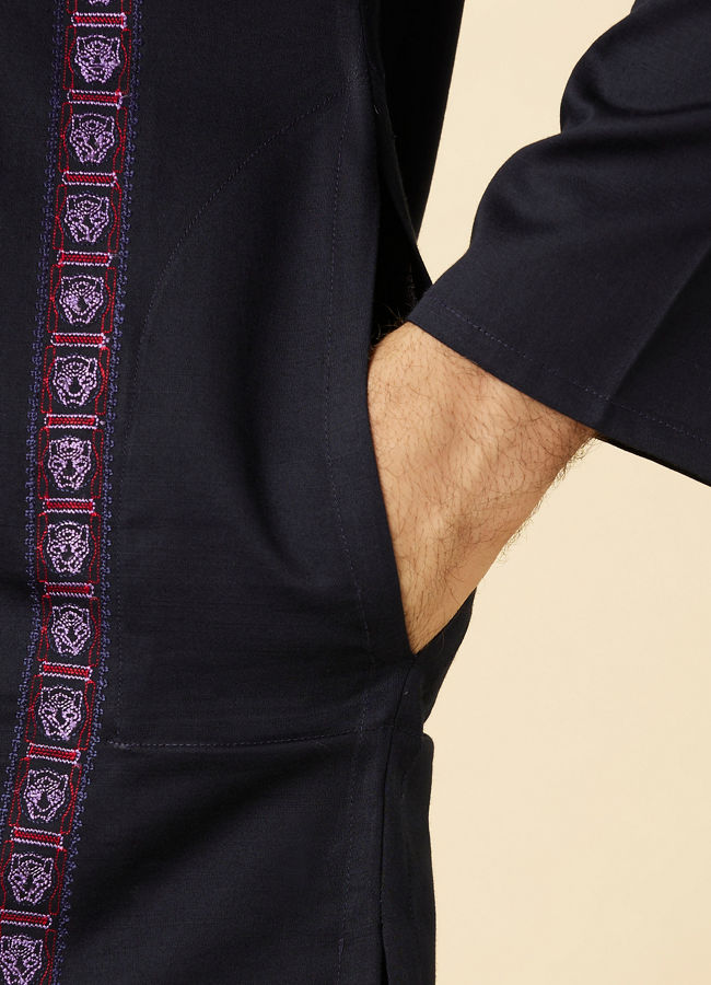 Manyavar Men Deep Blue Collared Black Panther Kurta Set