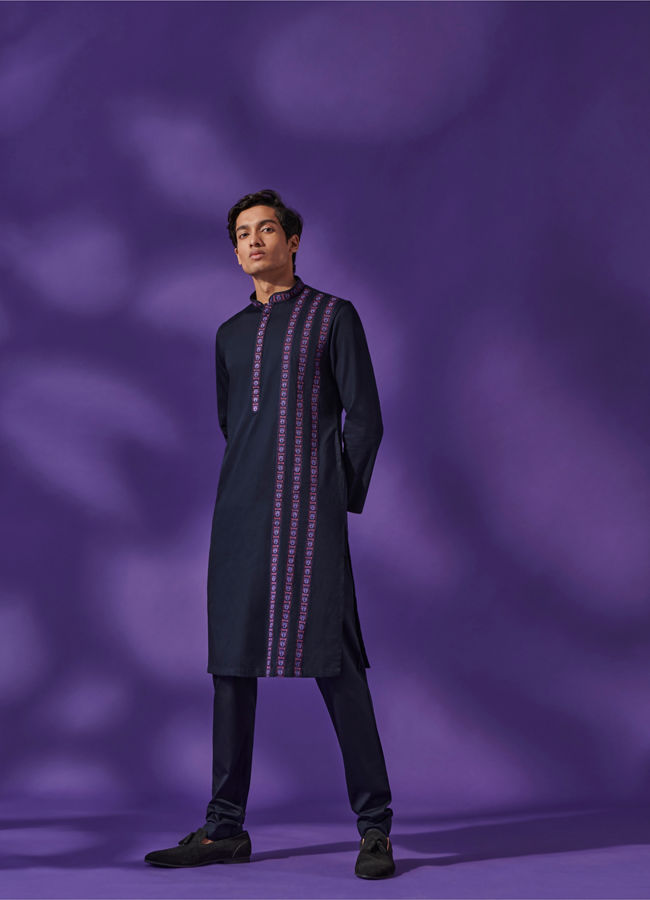 Manyavar Men Deep Blue Collared Black Panther Kurta Set