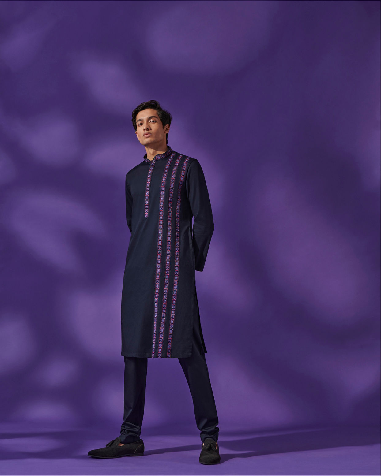 Manyavar Men Deep Blue Collared Black Panther Kurta Set