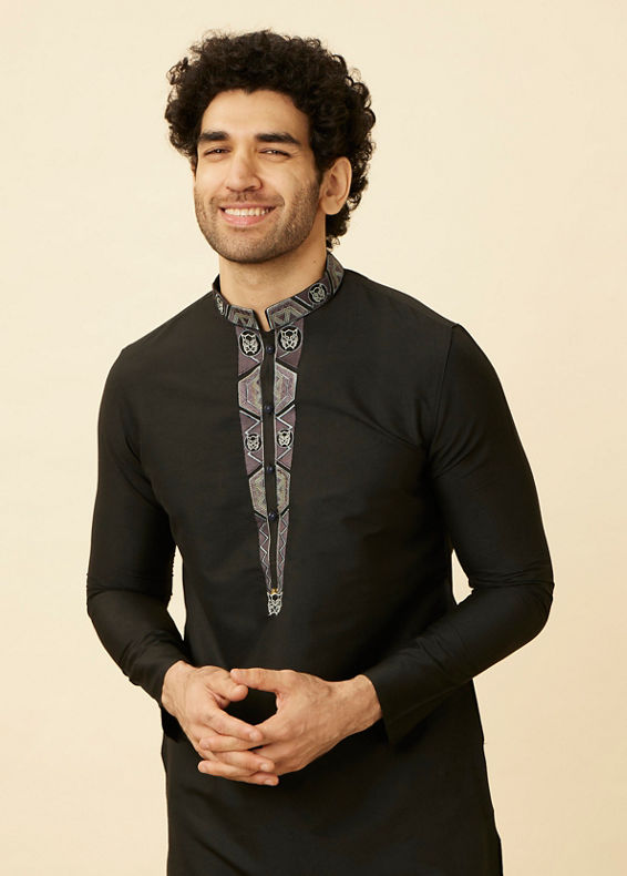 Manyavar Men Coral Black Panther Kurta Set