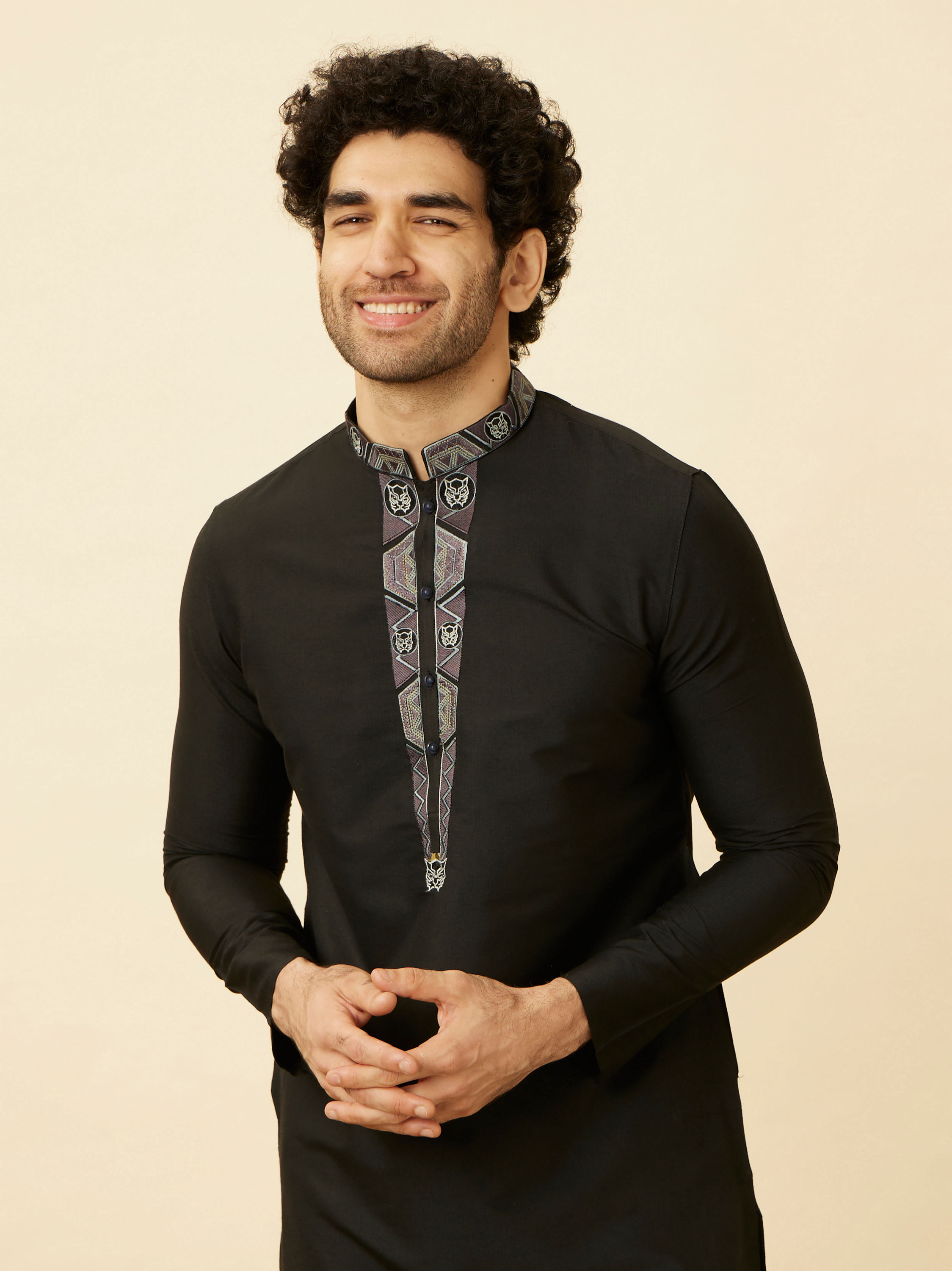 Manyavar Men Coral Black Panther Kurta Set