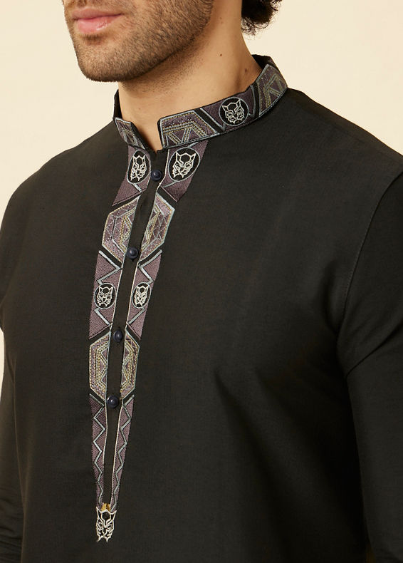 Manyavar Men Coral Black Panther Kurta Set