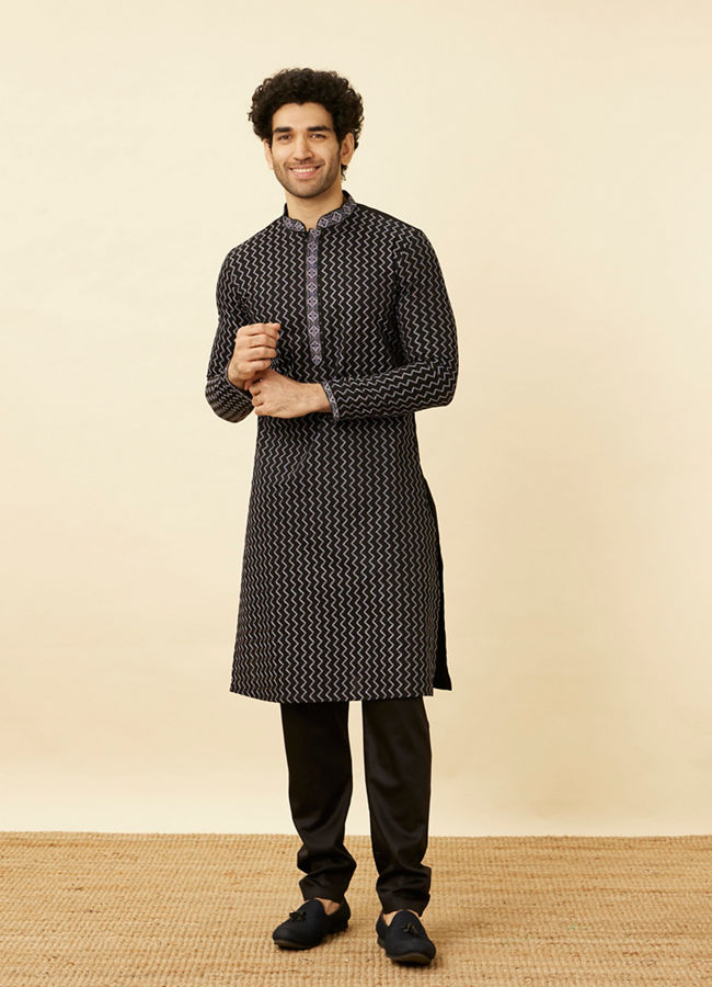 Manyavar Men Charcoal Black Panther Tribal Motif Kurta Set
