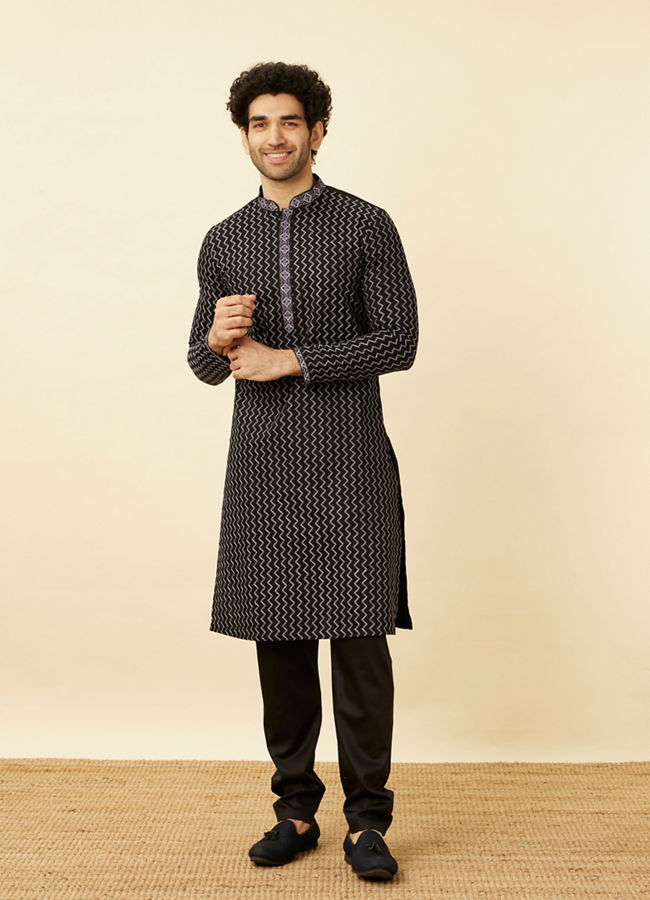 Manyavar Men Charcoal Black Panther Tribal Motif Kurta Set image number 2