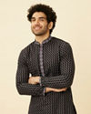 Manyavar Men Charcoal Black Panther Tribal Motif Kurta Set image number 0