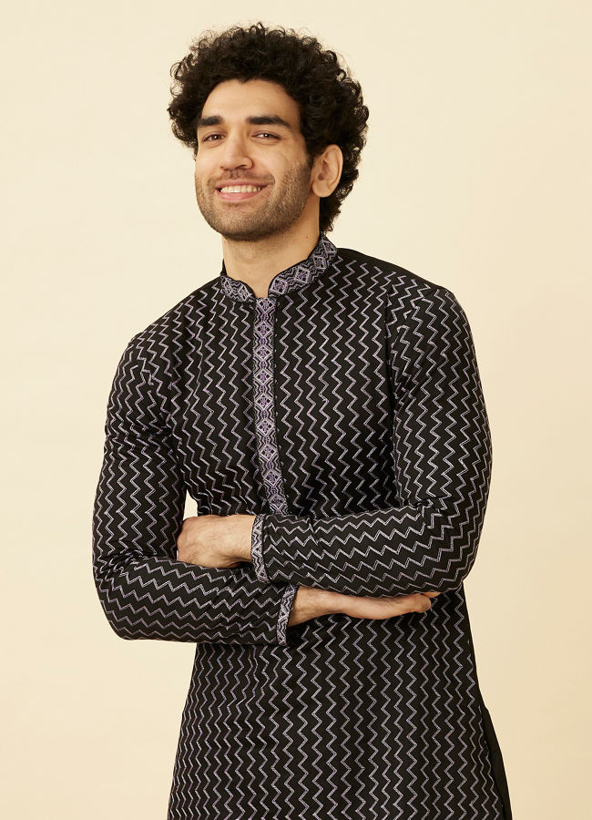 Manyavar Men Charcoal Black Panther Tribal Motif Kurta Set image number 0