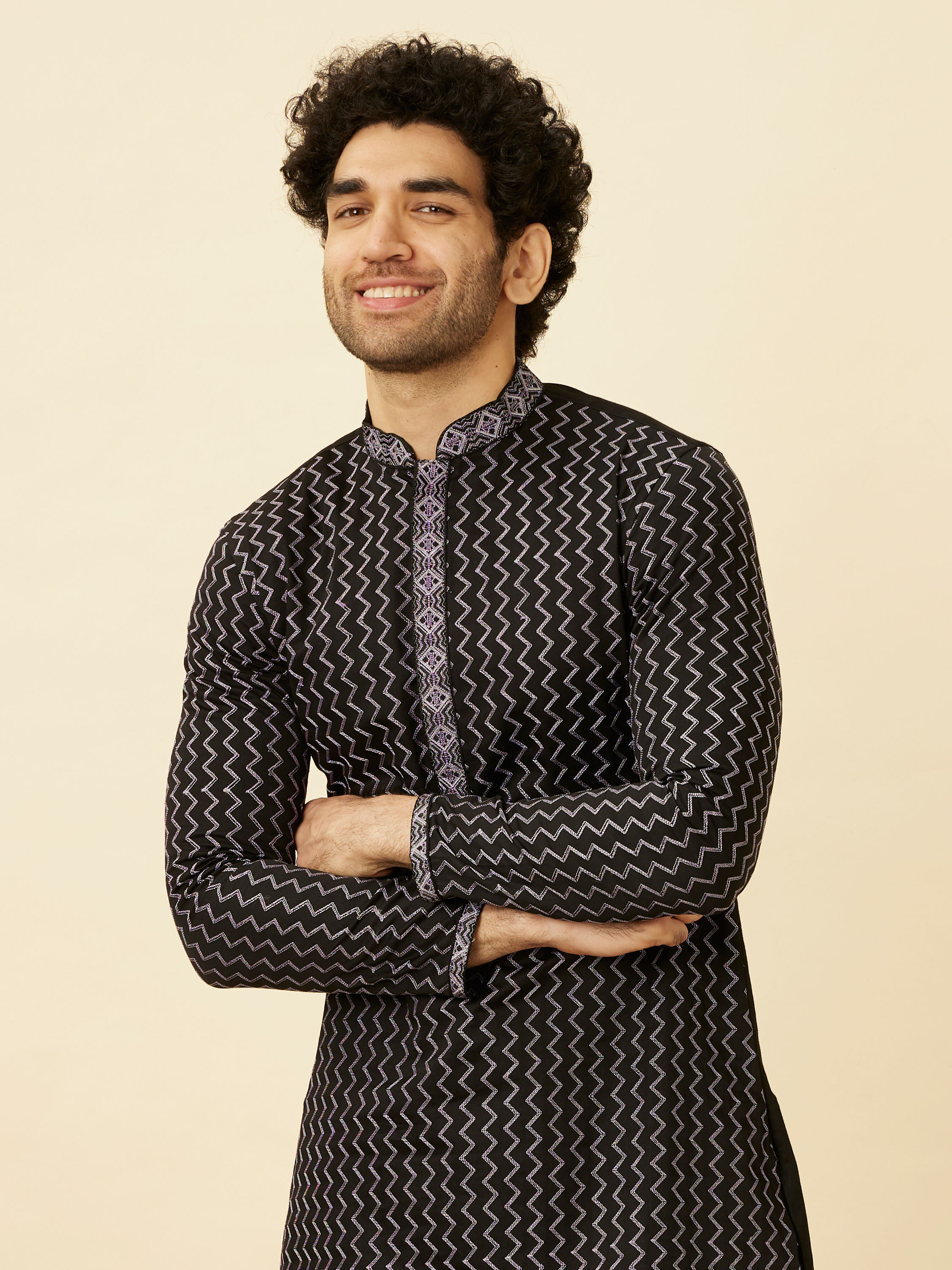 Manyavar Men Charcoal Black Panther Tribal Motif Kurta Set