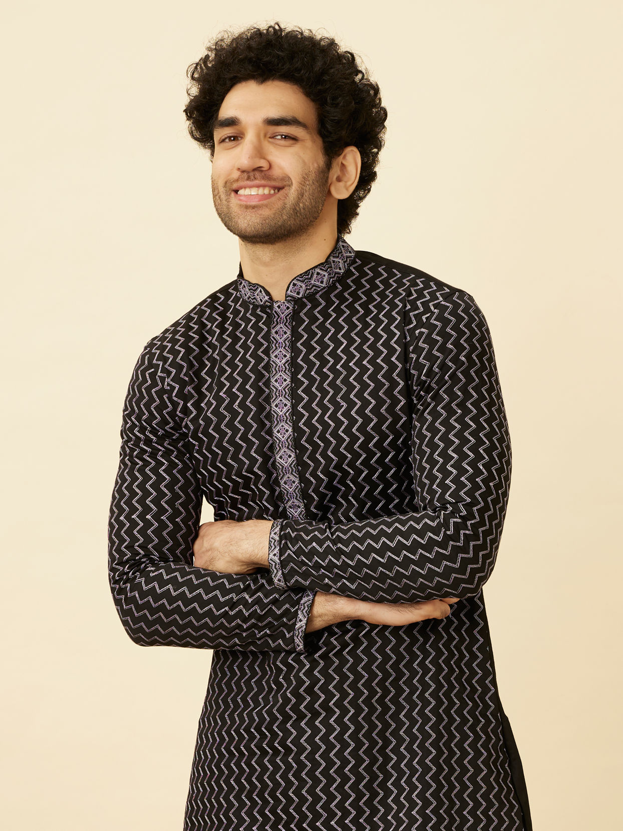 Manyavar Men Charcoal Black Panther Tribal Motif Kurta Set image number 0