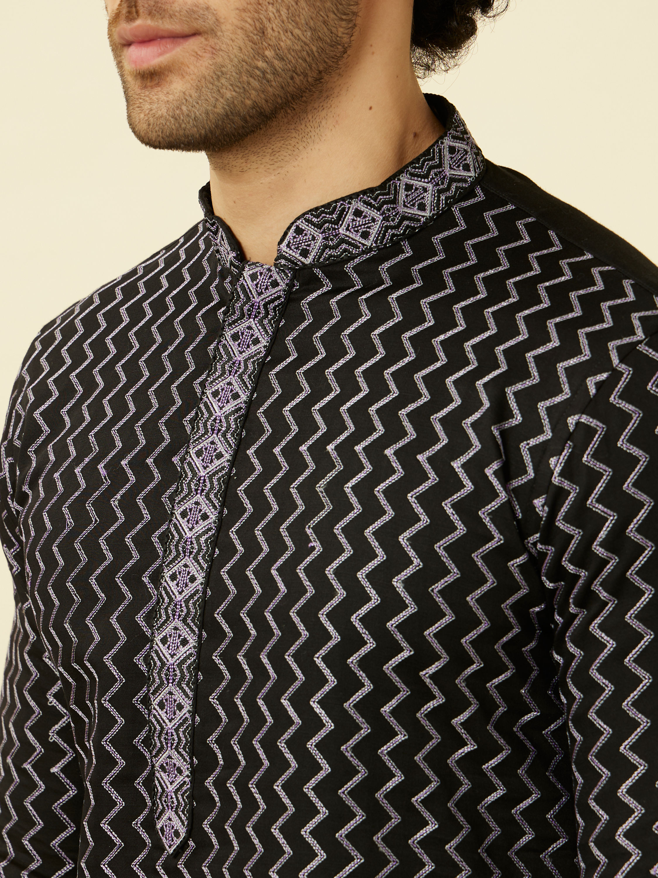 Manyavar Men Charcoal Black Panther Tribal Motif Kurta Set