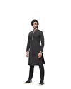 Manyavar Men Charcoal Black Panther Tribal Motif Kurta Set image number 4