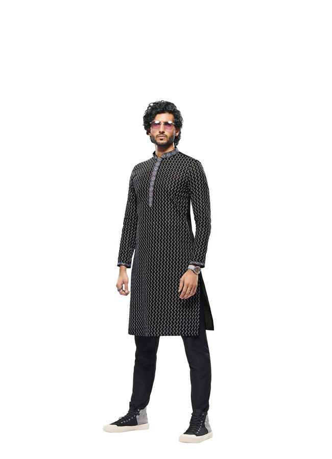 Manyavar Men Charcoal Black Panther Tribal Motif Kurta Set