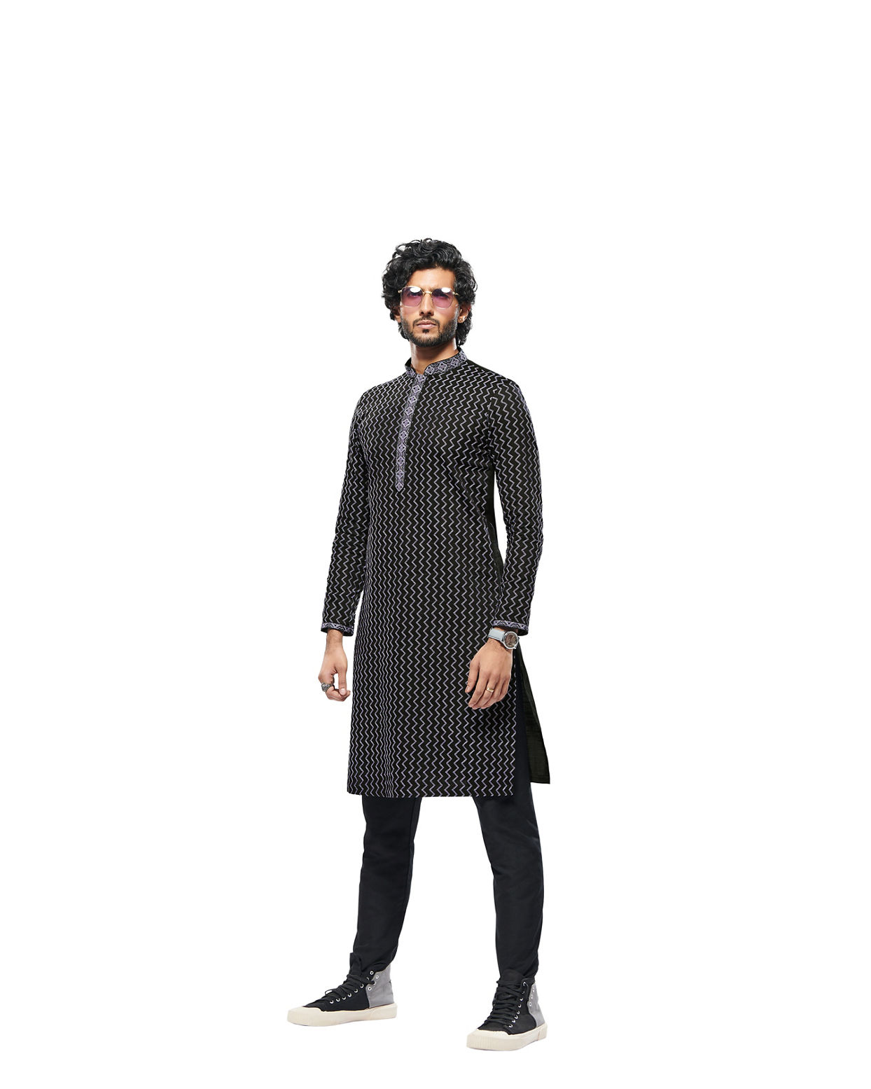 Manyavar Men Charcoal Black Panther Tribal Motif Kurta Set