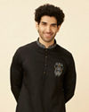 alt message - Manyavar Men Charcoal Black Panther Patchwork Kurta Set image number 0