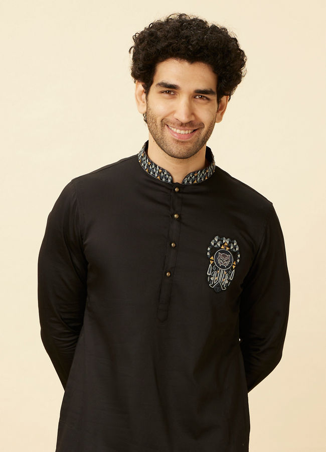 Manyavar Men Charcoal Black Panther Patchwork Kurta Set
