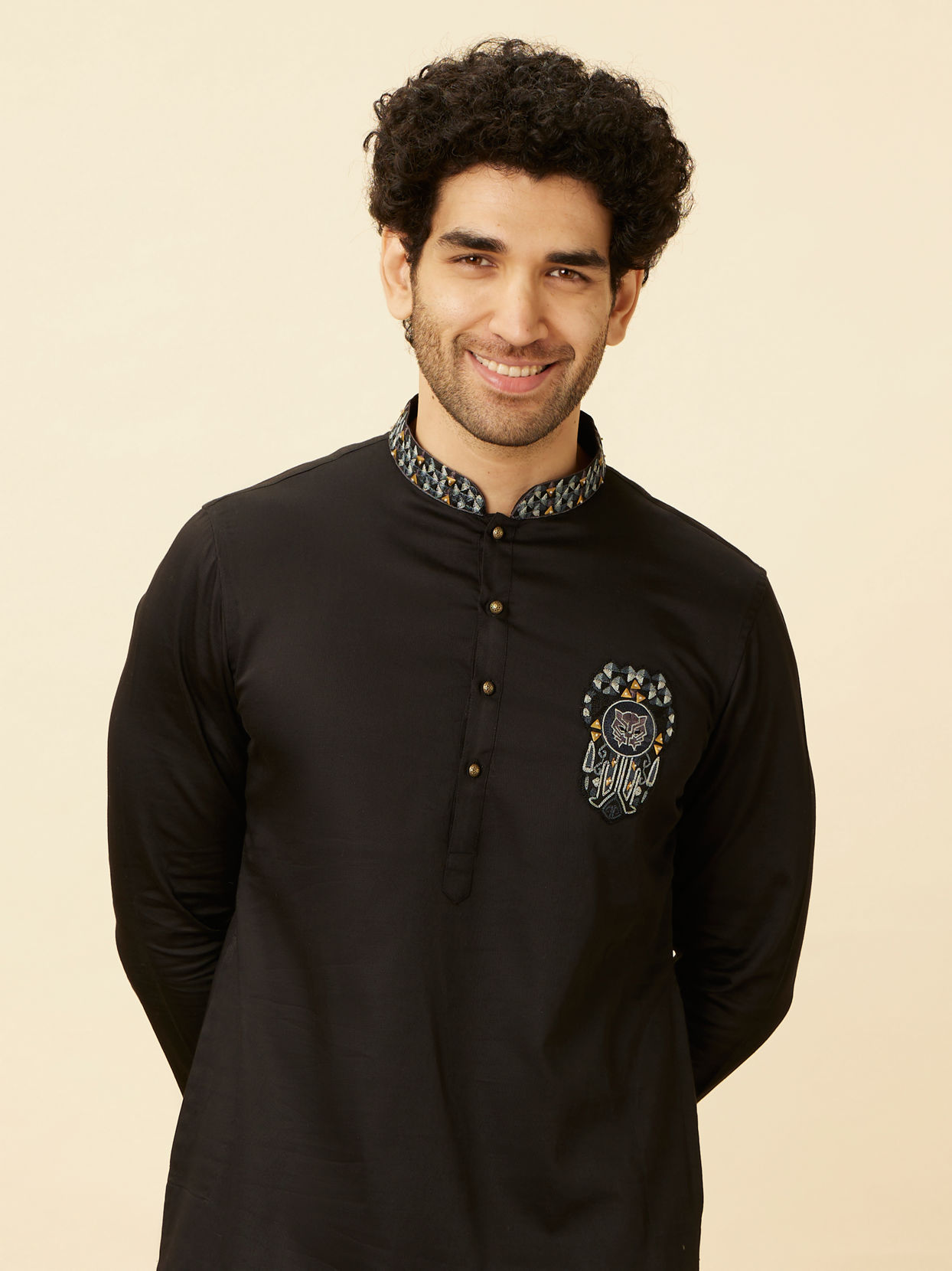 Charcoal Black Panther Patchwork Kurta Set image number 0