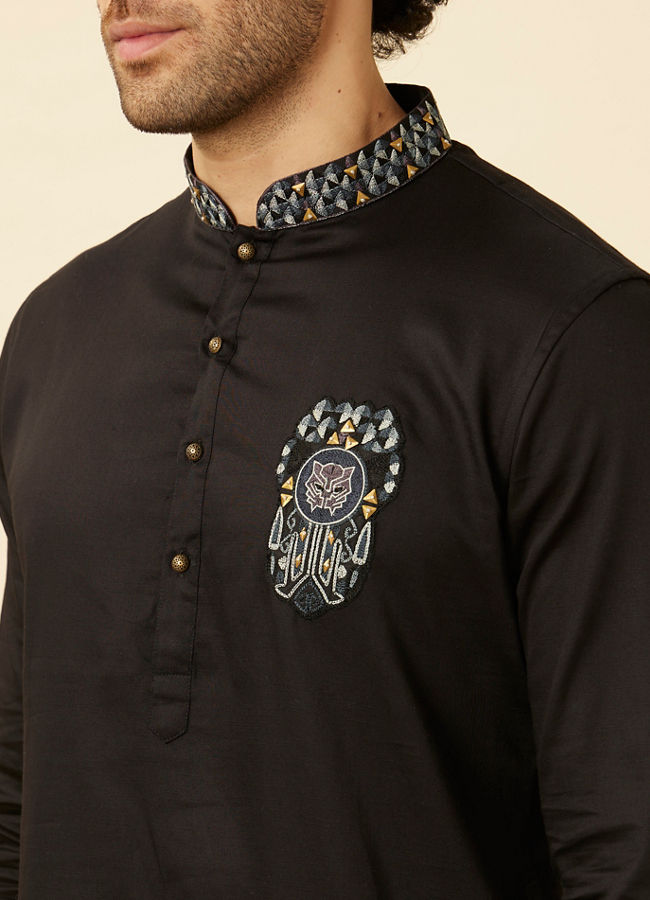 alt message - Manyavar Men Charcoal Black Panther Patchwork Kurta Set image number 1