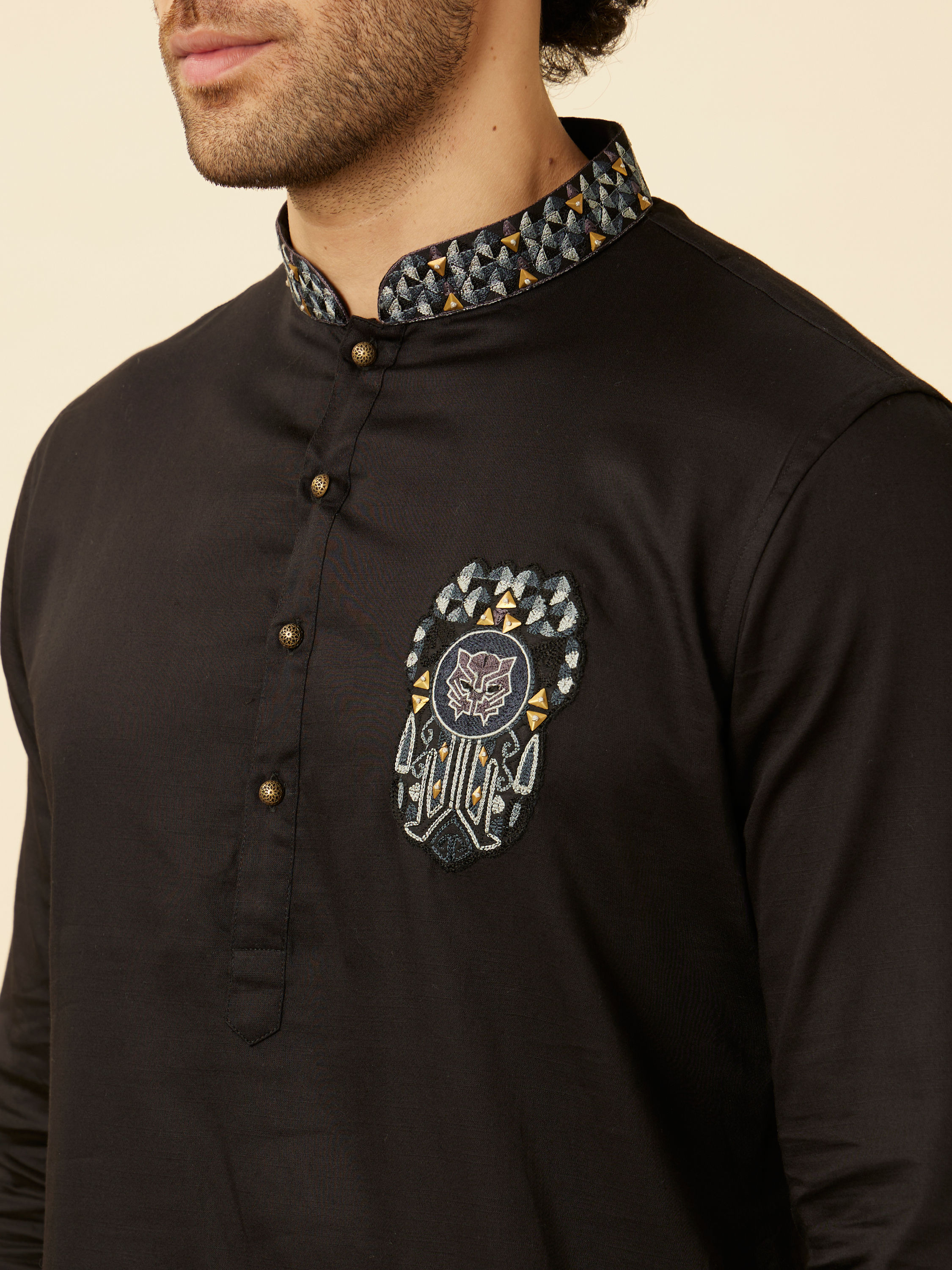 Manyavar Men Charcoal Black Panther Patchwork Kurta Set