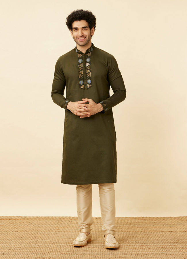 Manyavar Men Olive Green Wakandan Kurta Set