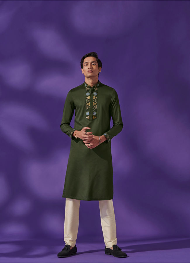 Manyavar Men Olive Green Wakandan Kurta Set