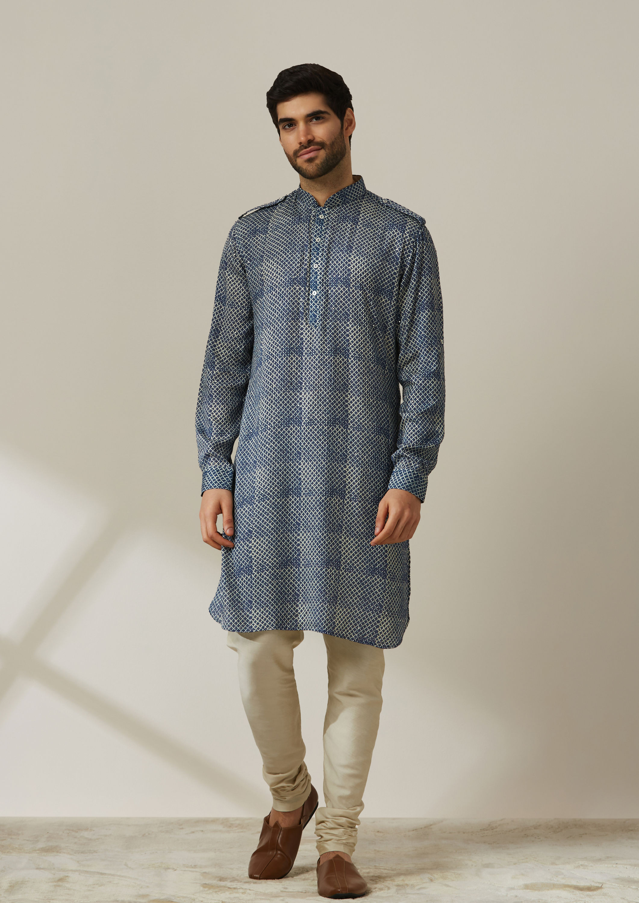 Twamev Men Chequred Kurta Set with Ocean Blue Jacket