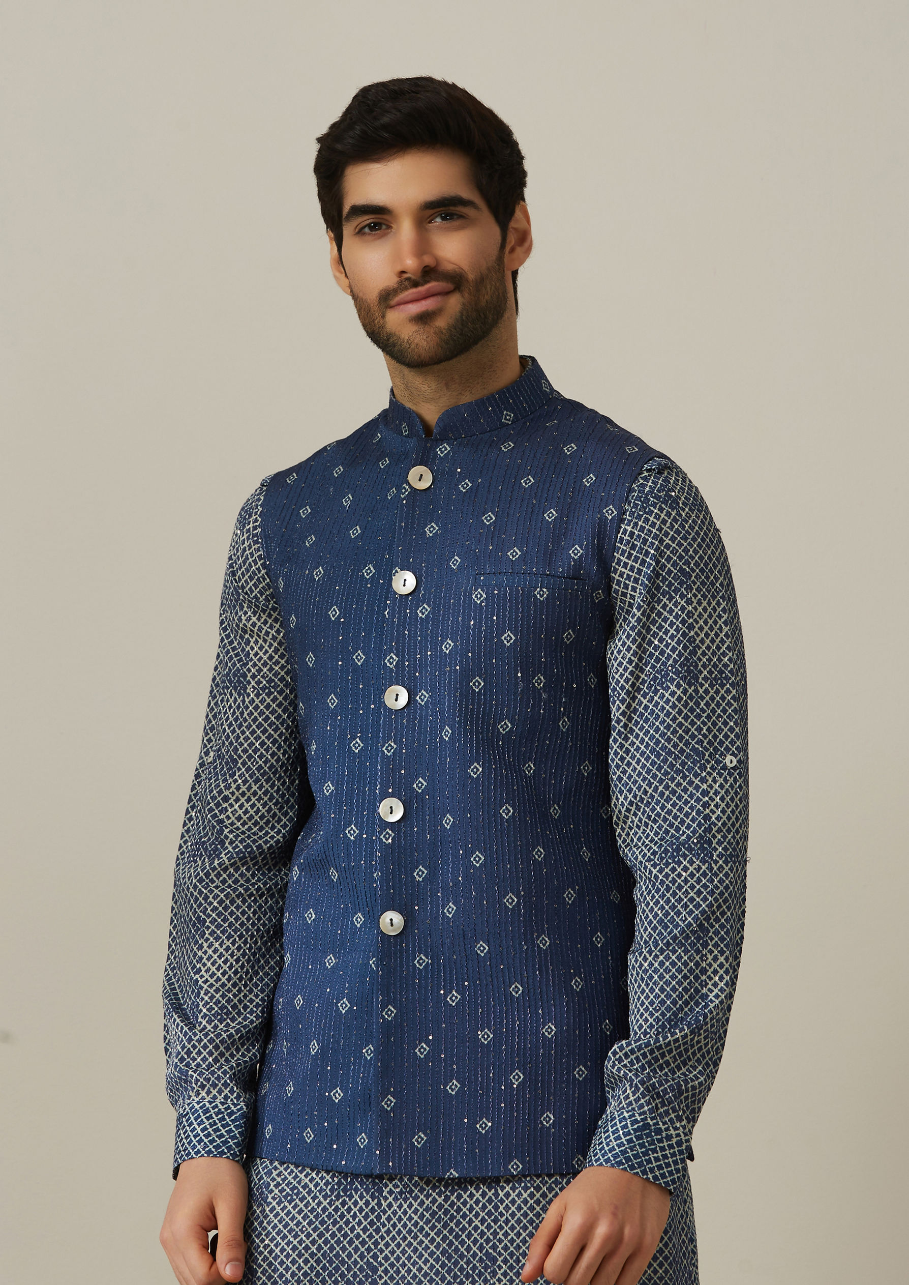 Twamev Men Chequred Kurta Set with Ocean Blue Jacket