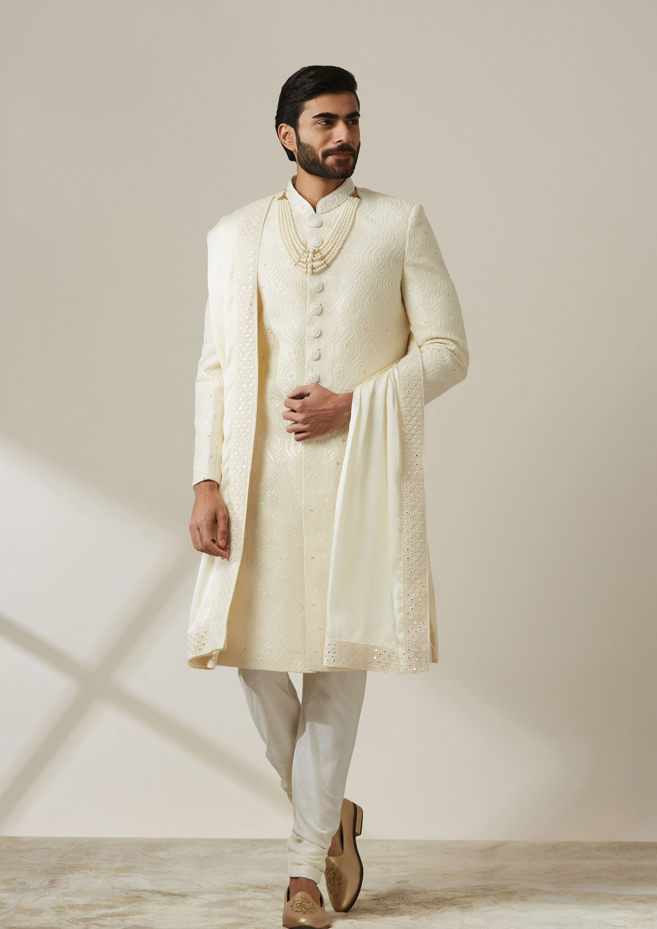 Twamev Men Royal Cream Chikankari Sherwani Set