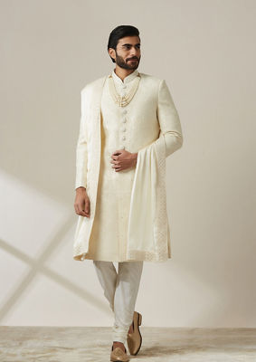 alt message - Twamev Men Royal Cream Chikankari Sherwani Set image number 1