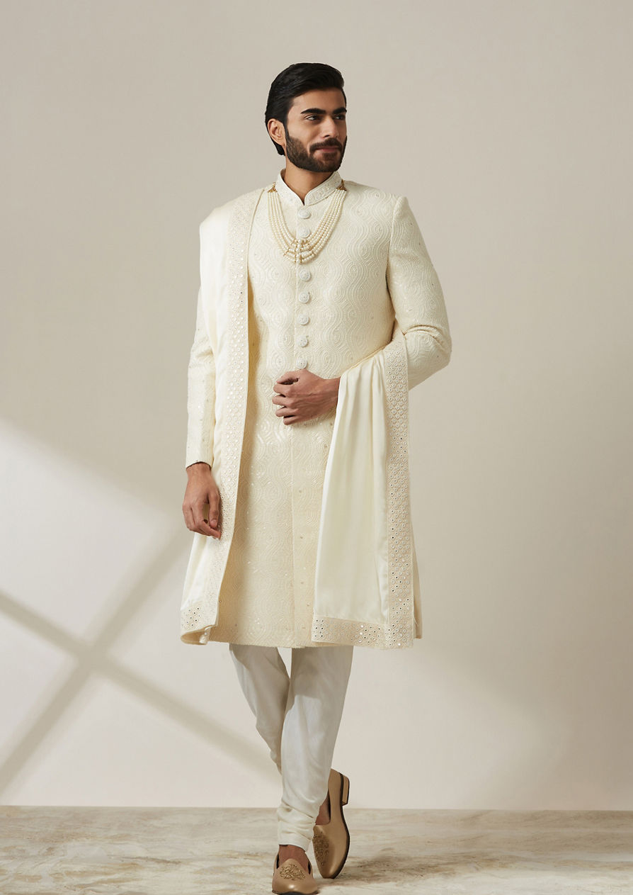 alt message - Twamev Men Royal Cream Chikankari Sherwani Set image number 1