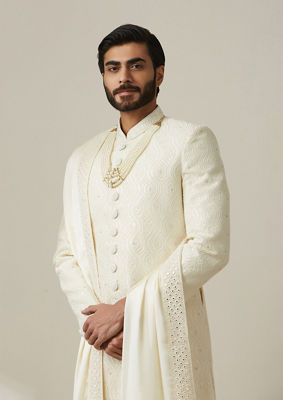 alt message - Twamev Men Royal Cream Chikankari Sherwani Set image number 0