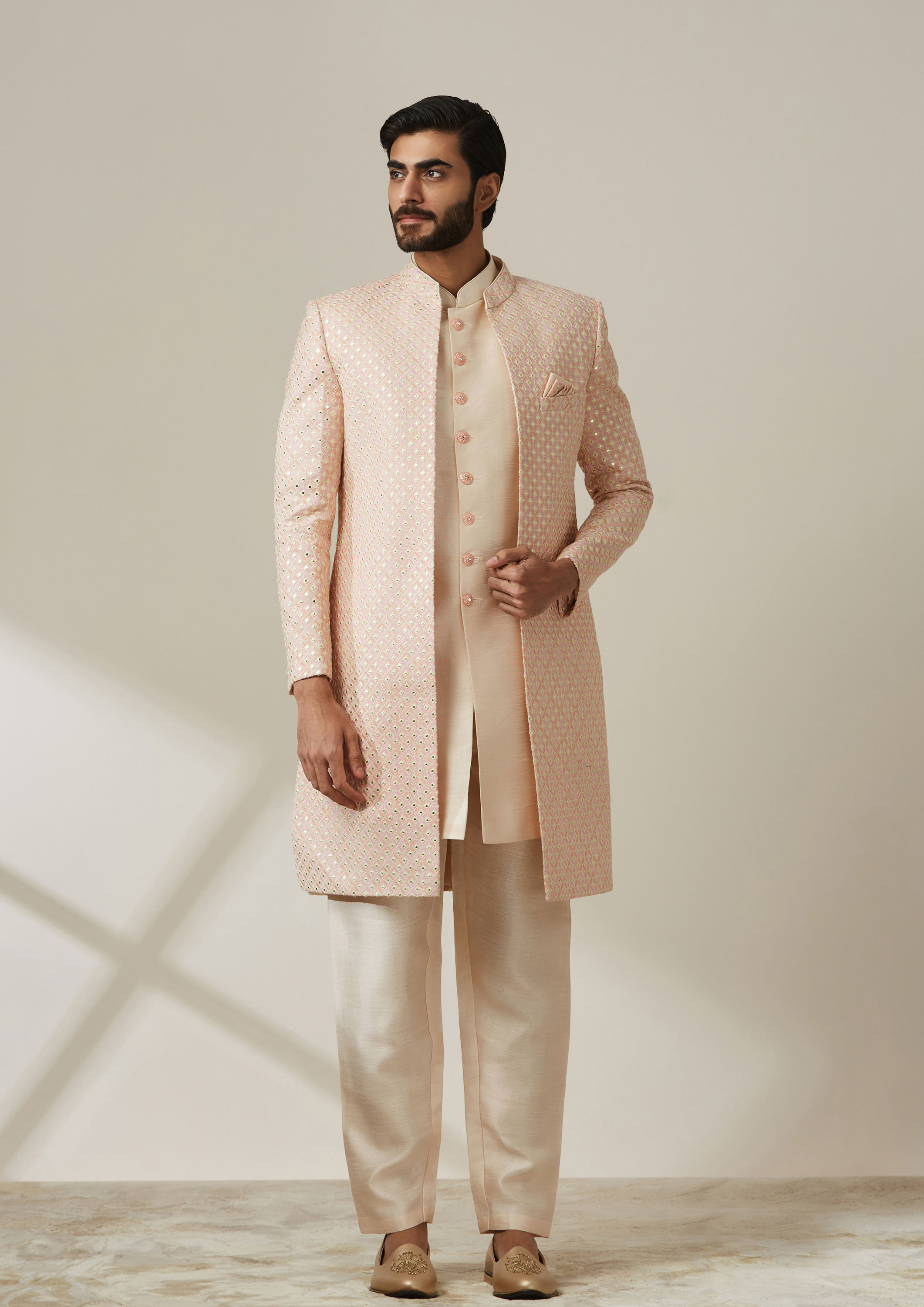 Twamev Men Peach Art Silk Mirror Work Sherwani