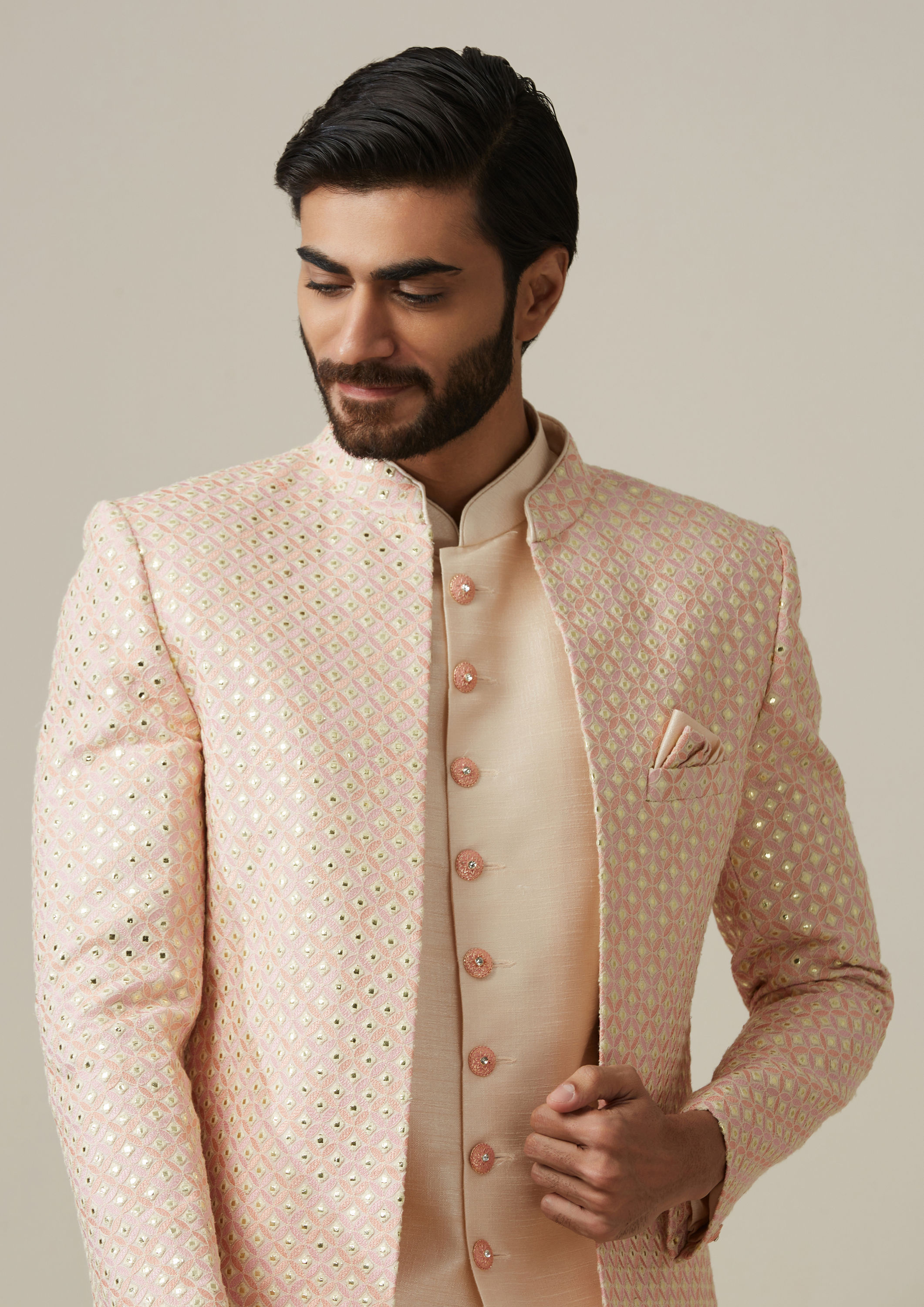 Twamev Men Peach Art Silk Mirror Work Sherwani