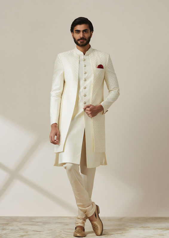 Twamev Men Cream Art Silk Sequin Work Sherwani