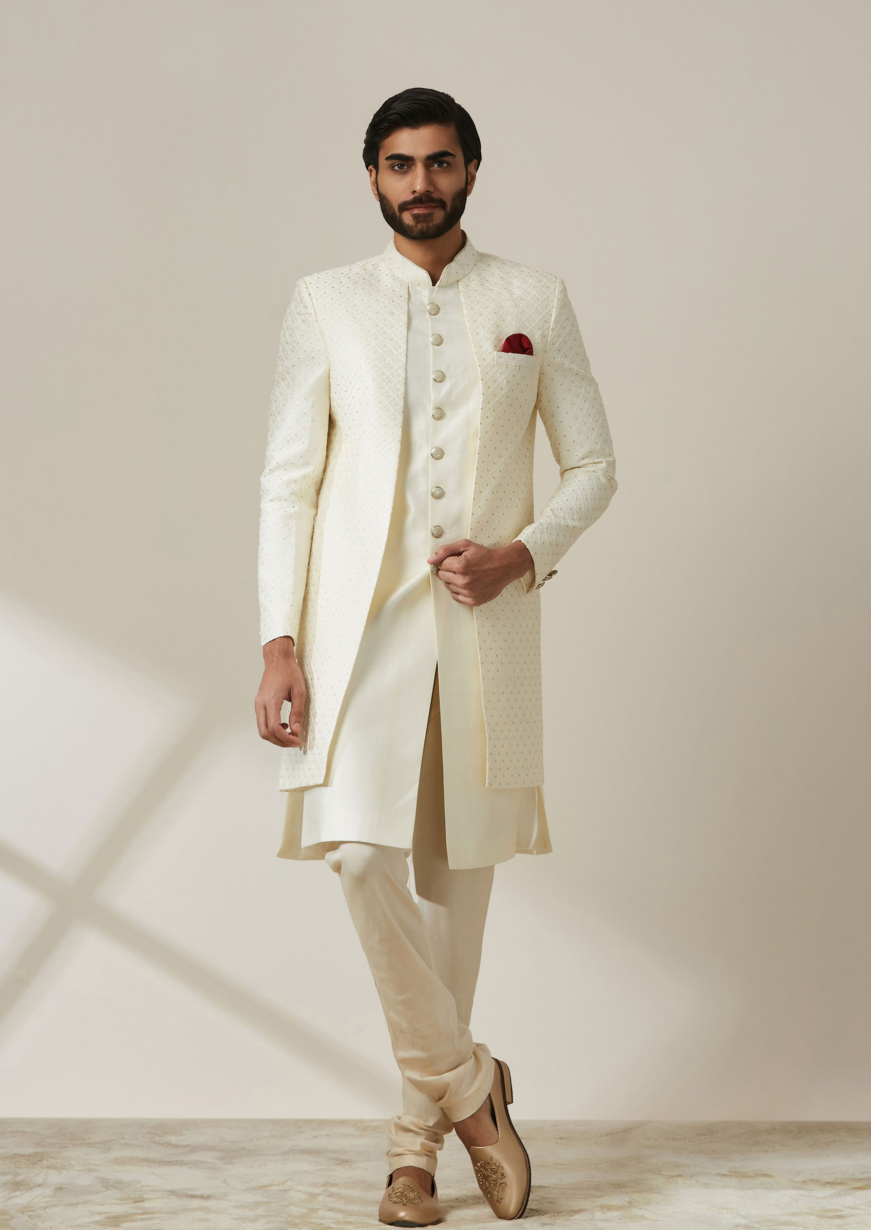 Twamev Men Cream Art Silk Sequin Work Sherwani
