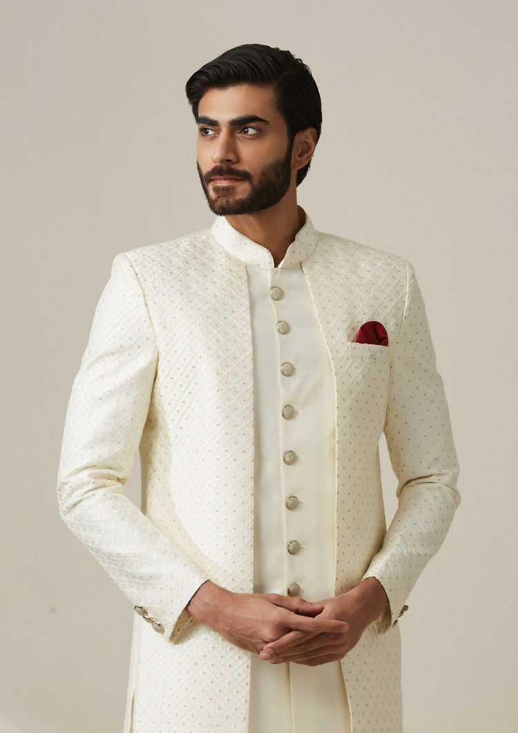 Twamev Men Cream Art Silk Sequin Work Sherwani