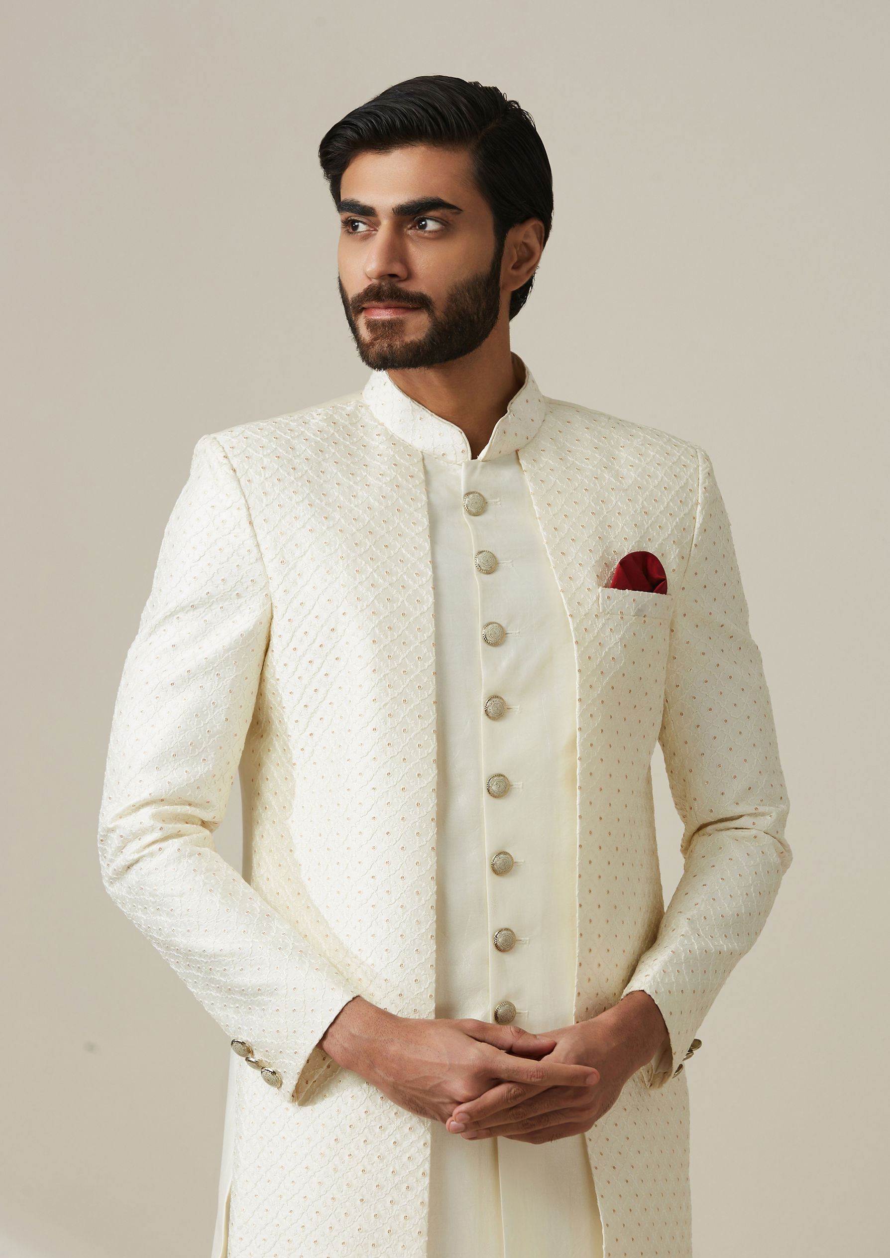 Twamev Men Cream Art Silk Sequin Work Sherwani