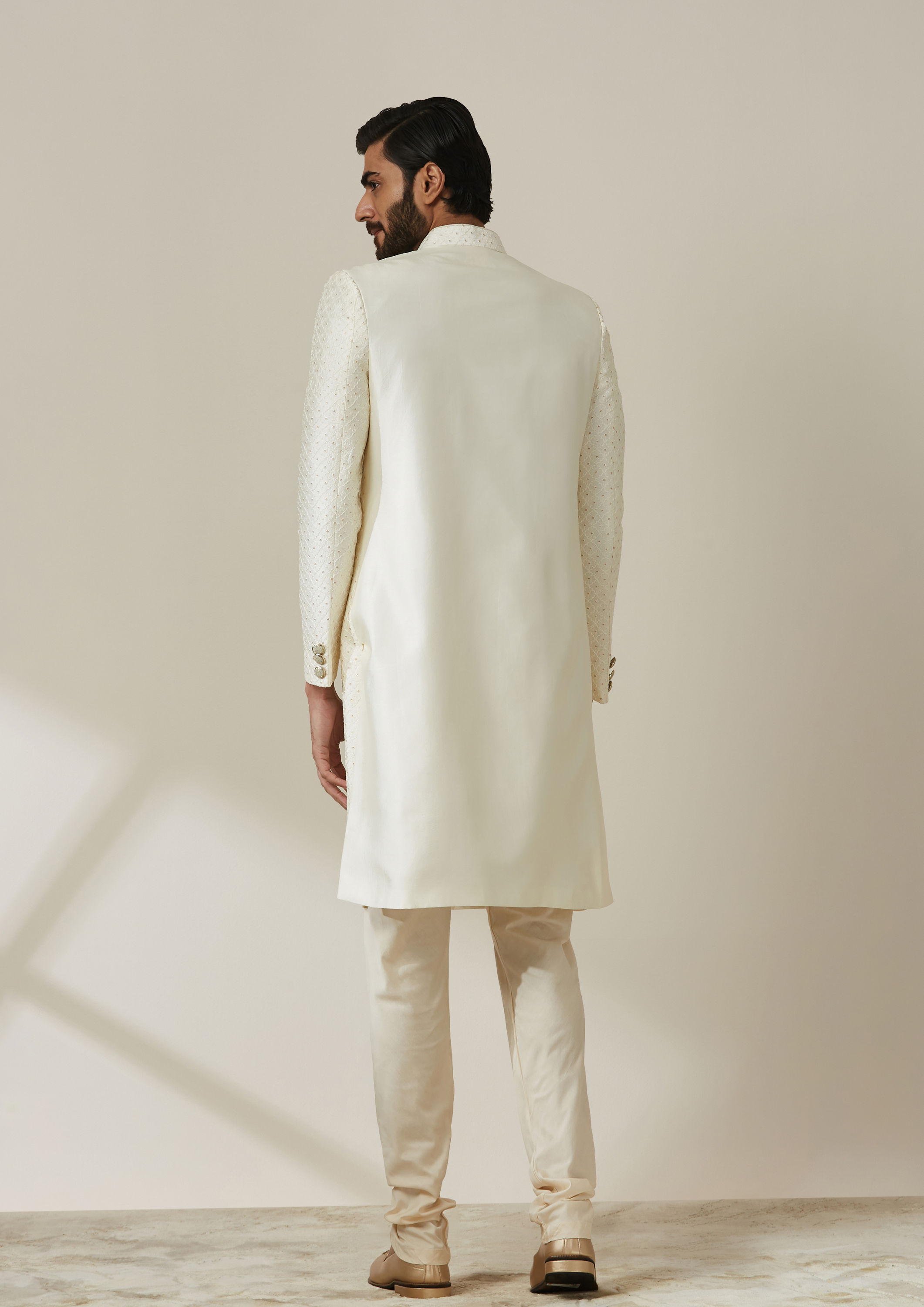Twamev Men Cream Art Silk Sequin Work Sherwani