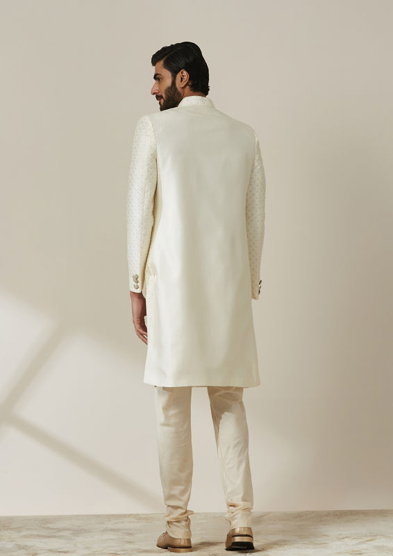 Twamev Men Cream Art Silk Sequin Work Sherwani