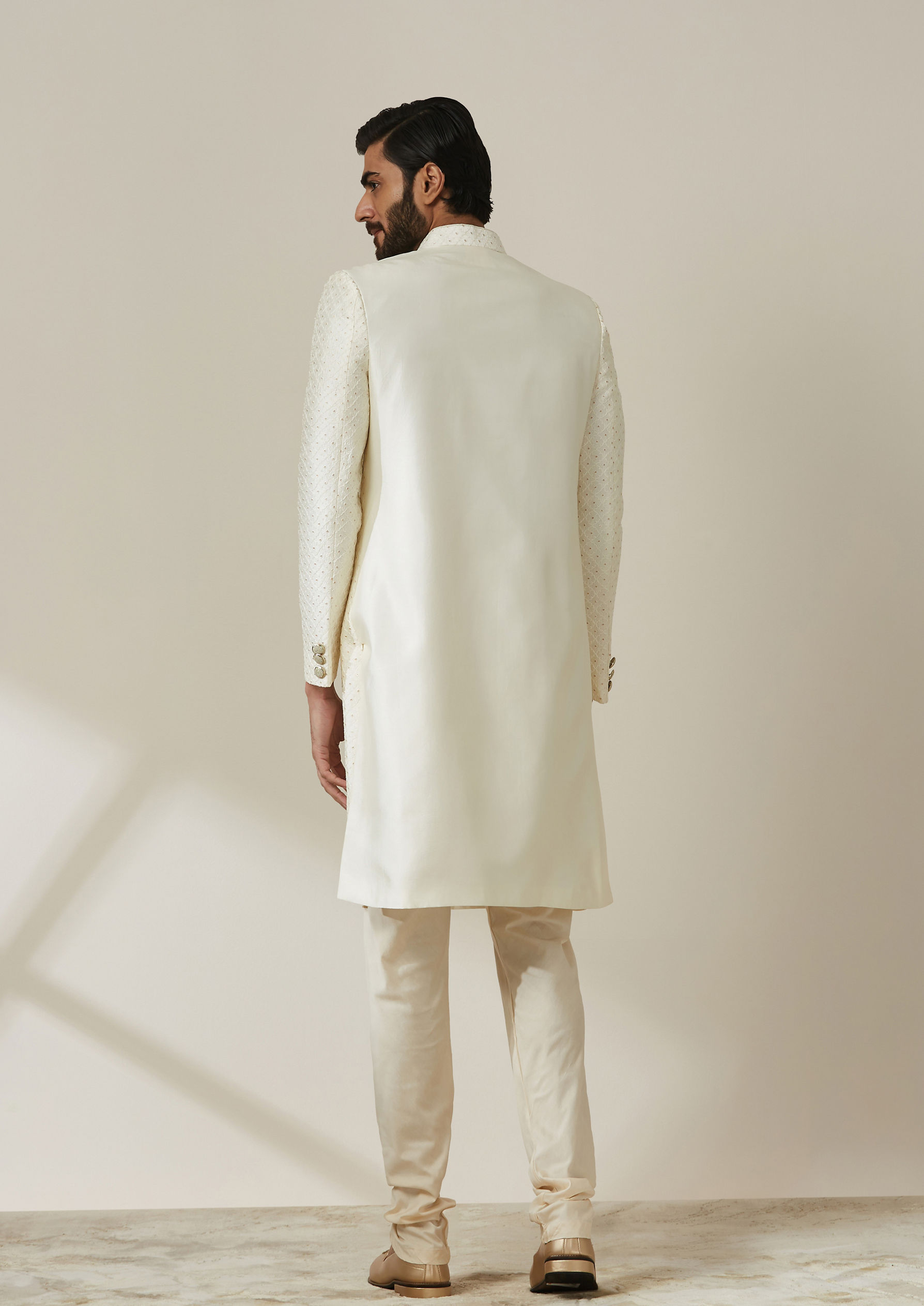 Twamev Men Cream Art Silk Sequin Work Sherwani