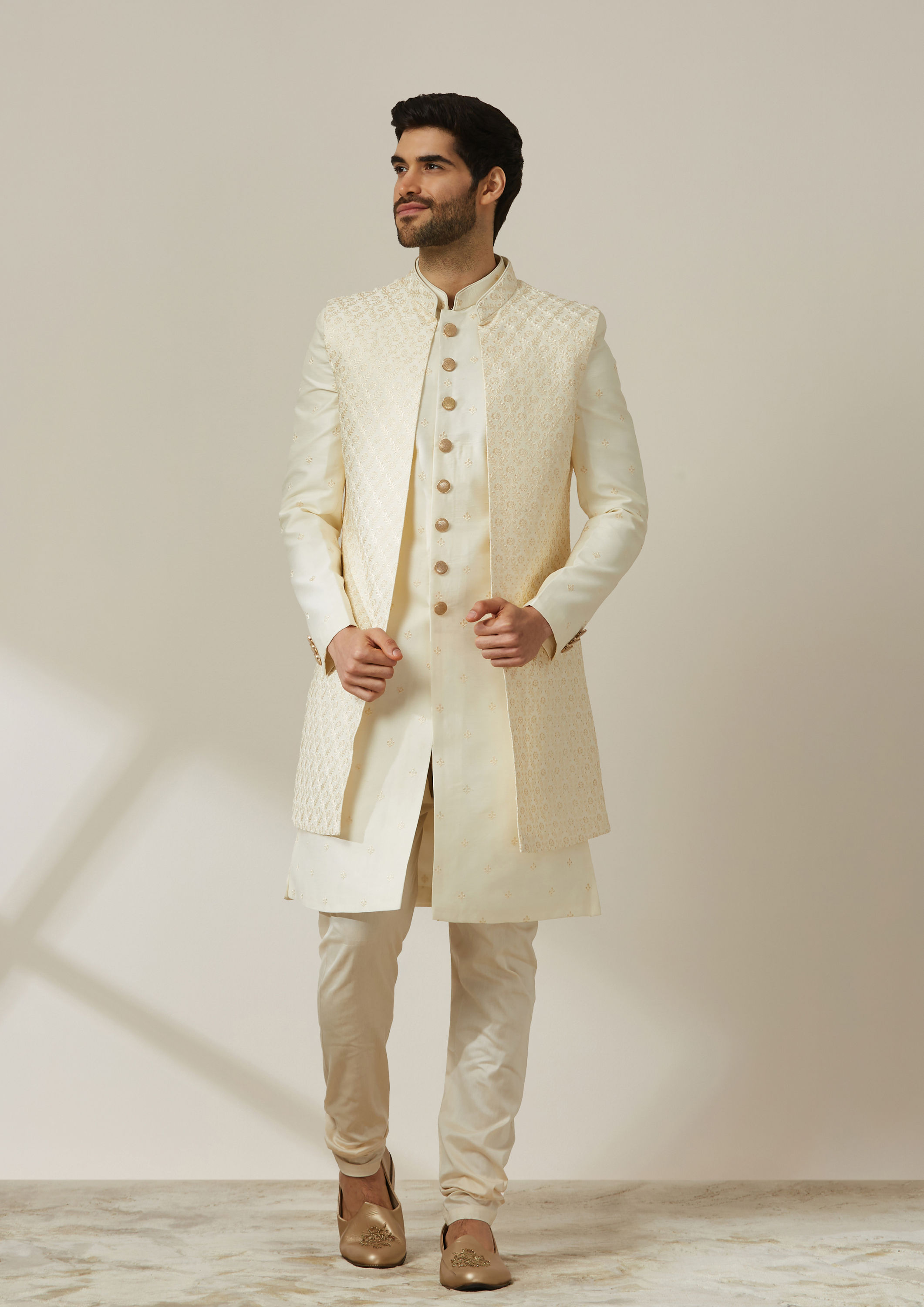 Twamev Men Cream Art Silk Embroidered Sherwani image number 1