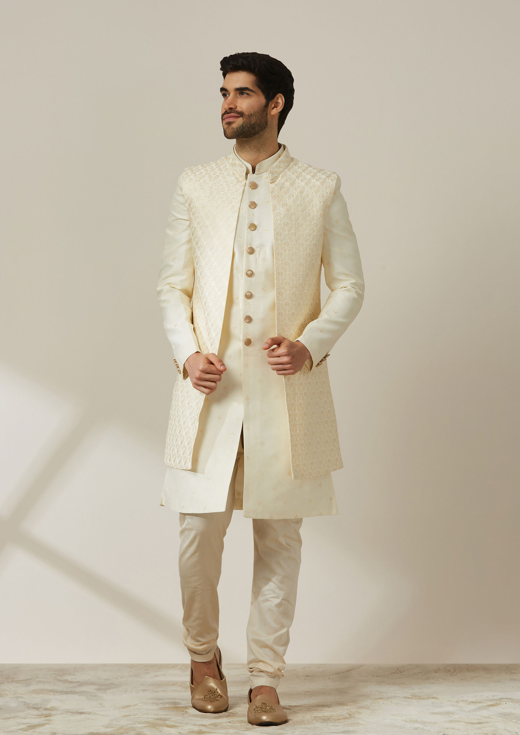 Twamev Men Cream Art Silk Embroidered Sherwani